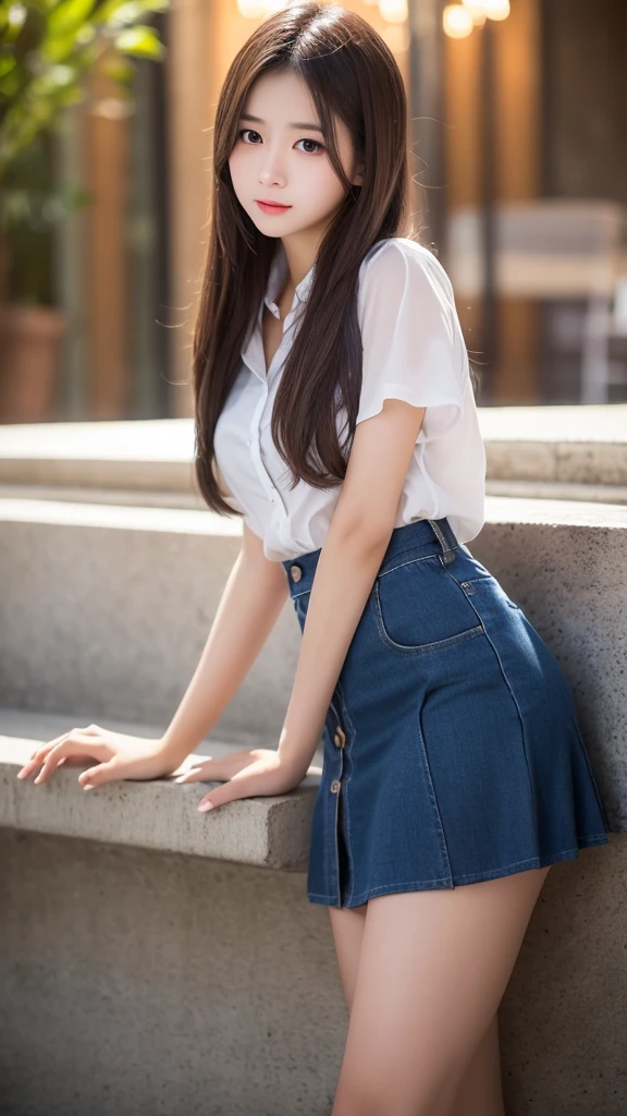 Highly detailed 8k wallpaper), sharp focus, detailed, dramatic, white shirt, miniskirt, sexy, smile, peek at the viewer, beautiful graphics, bright school building, full of students, showing the whole body,.