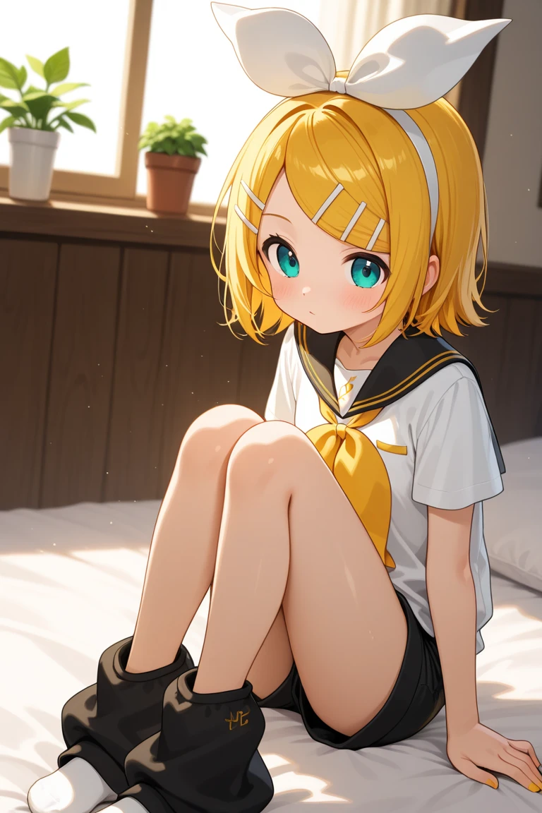 blue eyes and a yellow tie sitting on the ground, kagamine rin,rin,the anime girl is crouching,,high quality fanart,kagamine rin,realistic,((((short pants))),visible labia majora,no panties,flat chest,ecchi,visible labia majora,loose hem short pants,indoors,(((M shaped legs))),((((no panties)))),visible labia majora from hem,loose knee high socks,