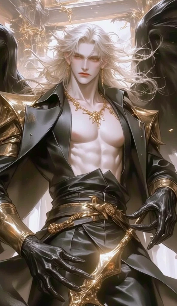 Demon, male gender, long blonde hair, golden-colored eyes, fair skin, demon's wings with a simple details, demon tail, demon lord