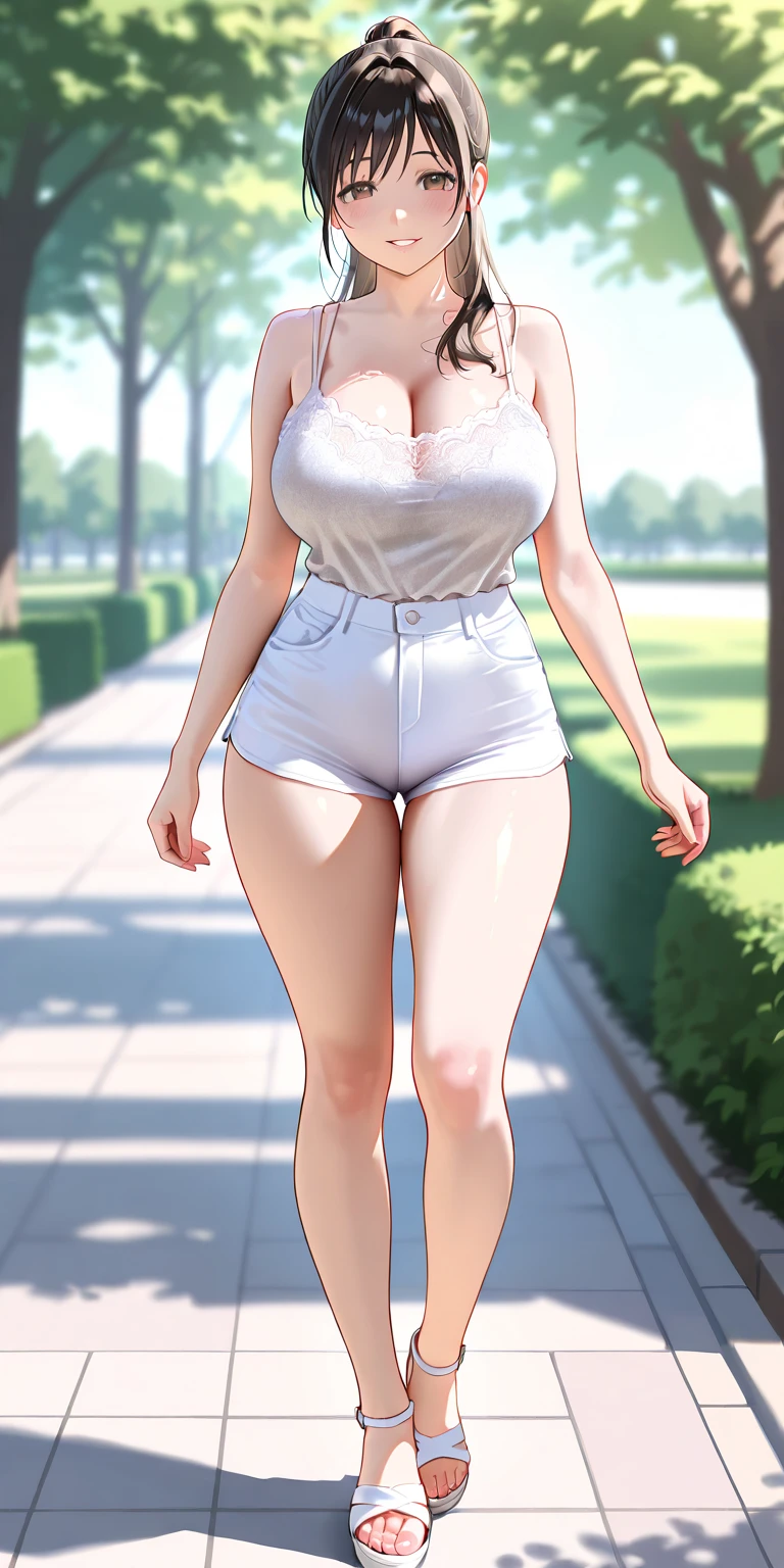 1girl, anime girl, anime, girl, 2d girl, 18y, (fullbody), standing, green eyes, smiling, blush, (long hair, single ponytail, red hair), ((blouse)), Solo, big , big breasts, sfw, Tight Shorts, low waist shorts, upshorts, from below, the city background, flowers, afternoon sky, looking at viewer, darker shadows, (((sexy))), (((shorts))), (((absurdres))), (((thigh gap))), cameltoe, (((cameltoe))), (((cleft of venus))), (((lowleg shorts))),