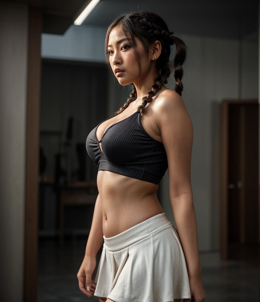 beautiful japanese woman with big boobs in revealing short ninja costume, preparing to strike, fighting pose, confident look, kung fu