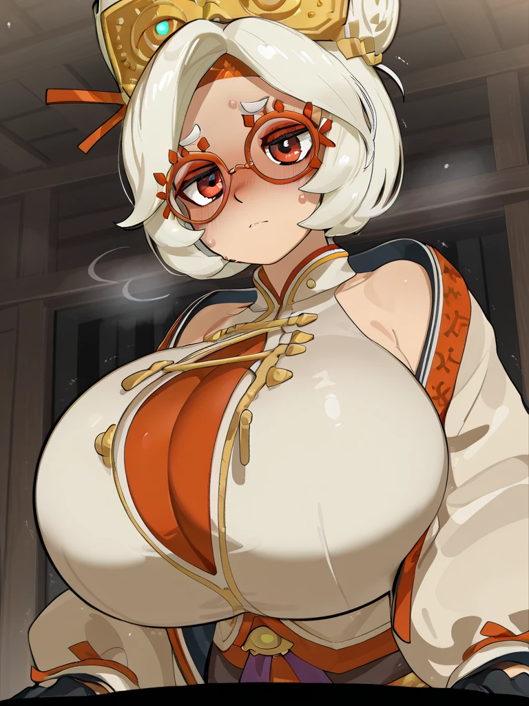 ((masterpiece)), ((best quality)), (detailed), perfect, solo, purah, gorgeous woman with cleavage, luscious lips, white hair, huge breast, deep cleavage, huge breasts, sexy, lying down 