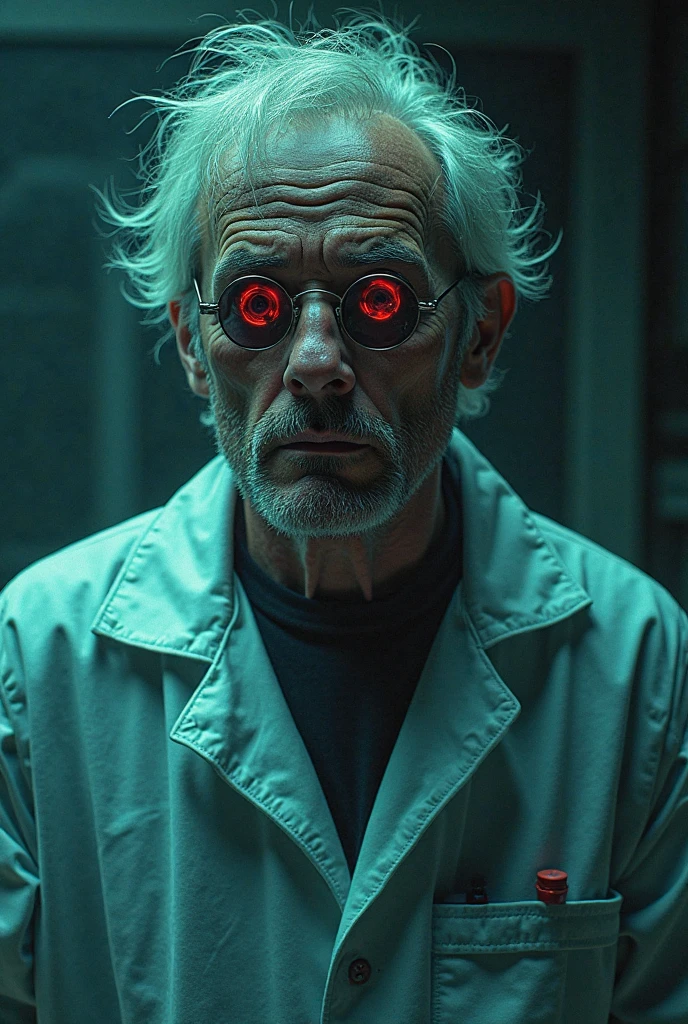 Man with white hair and red eyes, happy, with a smile, with a straitjacket, inside a room in a psychiatric hospital.