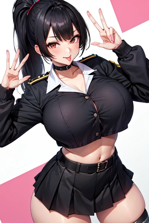 black military cap, long black hair, breast, black military uniform, bikini, (detailed hands and fingers:1.2), M16A4