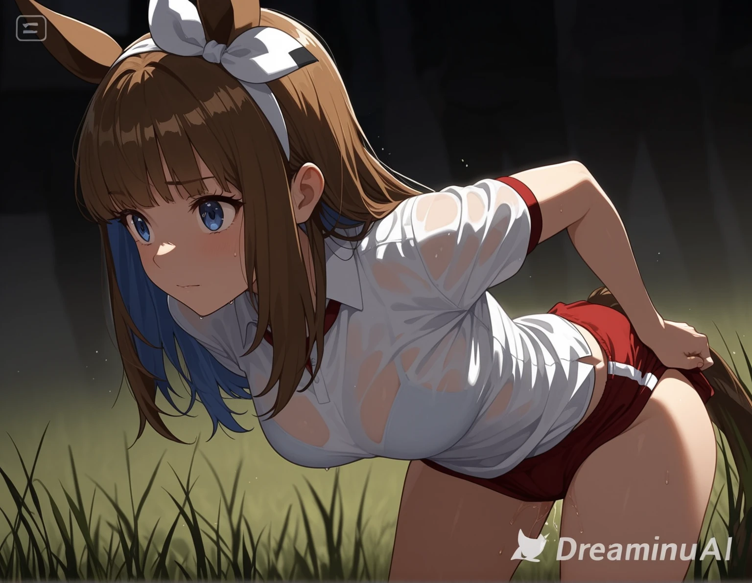Anime style, 1girl, girl, moose girl, horns, moose horns, big horns, , wide horns, pine forest, 8k, brown hair, on all fours, short skirt, cute, shine in eyes, view from above, high quality, view from afar, side view, small mouth,
