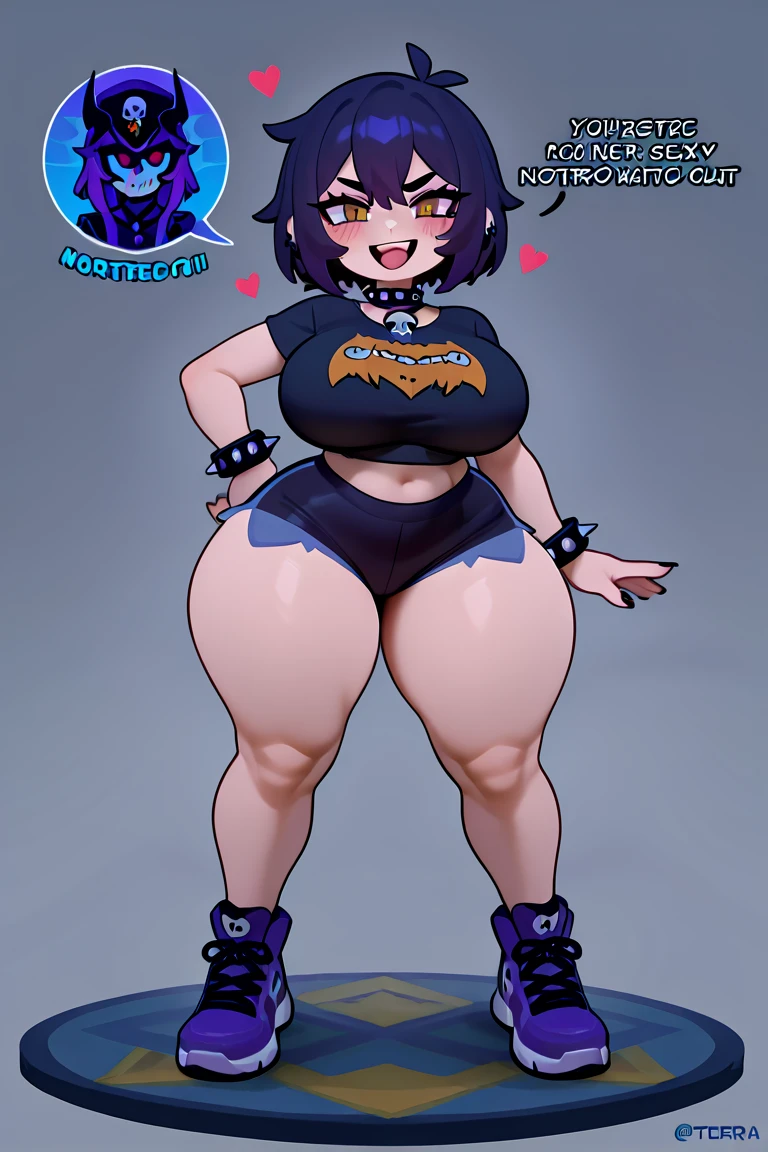 A sexy girl with a huge chest, her long dark violet hair, tight-fitting, single purple eyes, she wears a light blue blouse, buttons, short sleeves, navel, arm, nets, and her short blue skirt between her legs, nets, long socks, and styled in ninjas.