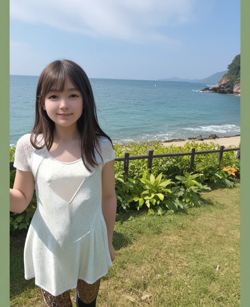 (((Japanese))) ((((One 10-year-old girl、solo)))) whole body photos Full Shot Short Hair whole body Thighs Casual wear Wet, see-through clothes Tank top (Thin fabric)See-through short skirt cute (smile) Sandy Beach ((See-through)) Place your hands on your knees