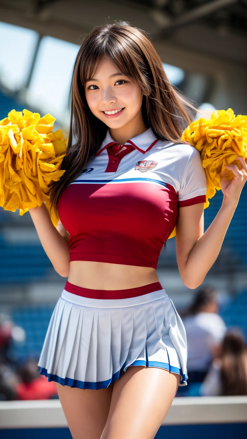 ((nsfw)),1 cheerleading girl、(Colorful sleeveless cheerleading uniforms、Flared mini skirt),(Jumping),((Holding pom-poms in both raised hands))、Bob Hair、Brown Hair、Medium breast、smile、masterpiece、Raw photo quality、Highest quality、8k、View from below、Arena、(White panties),