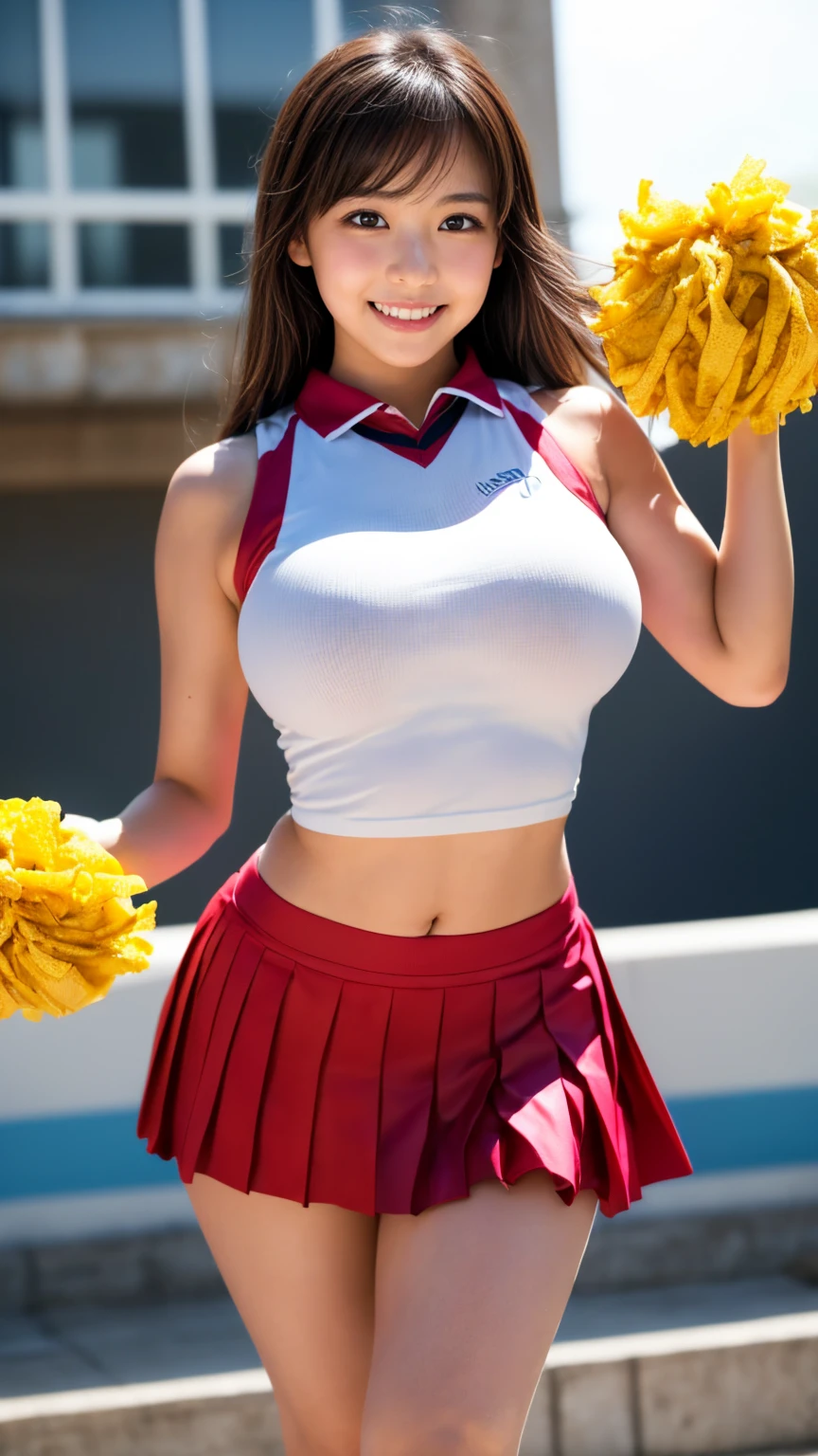 Naked 18 year old in cheerleader skirt, brunette bob-cut hair, large breasts, perky nipples