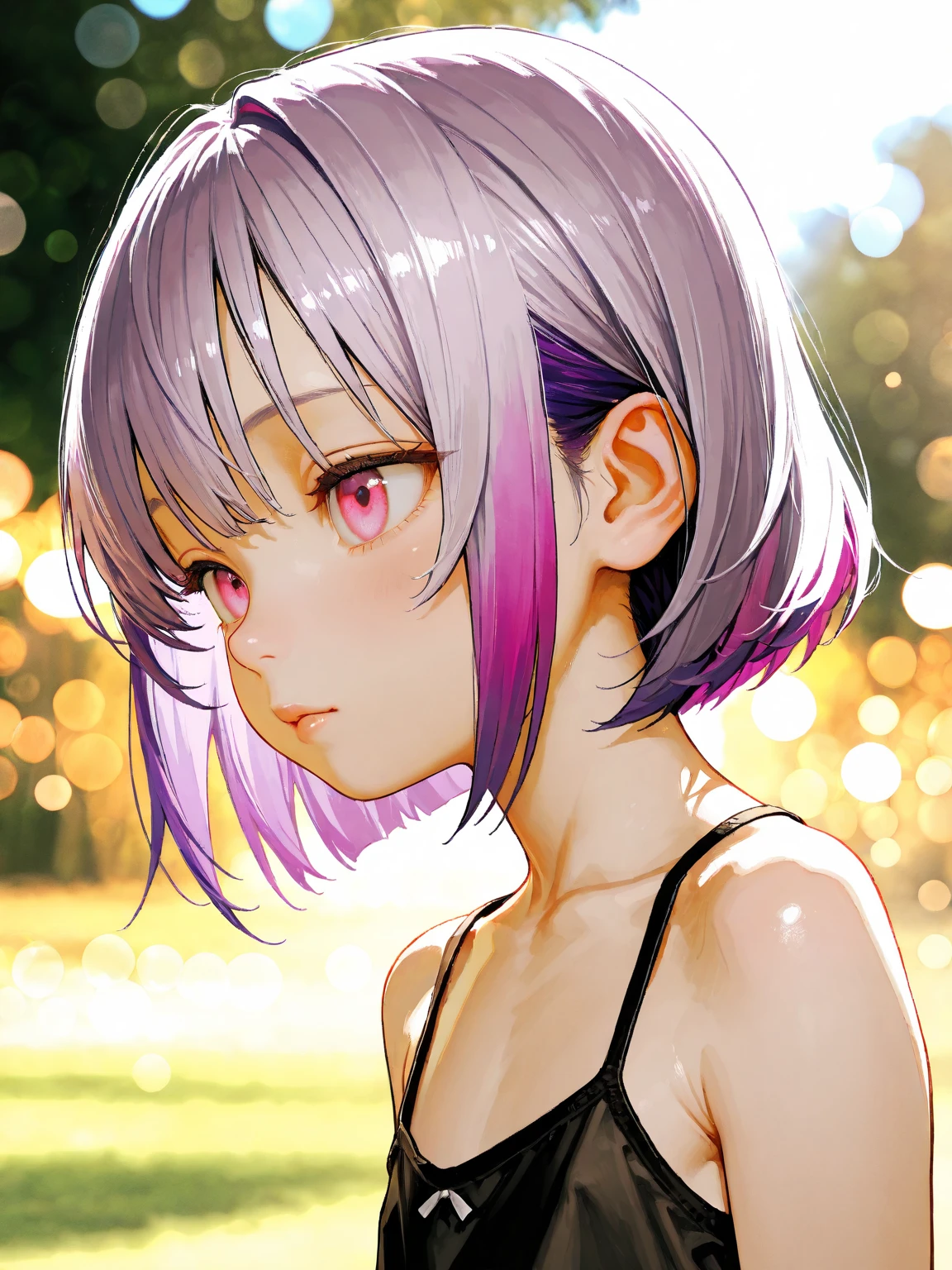 ((masterpiece)), (Top quality portraits), 1 Female, With dandelions, (Hair on one eye), Pink short haircut, Wearing a black turtleneck sleeveless T-shirt, Denim pants, In the dandelion field, Beautiful eyes in every detail, Gorgeous face with attention to detail, Perfect body, Dynamic pose, Perfect Shading, Intricate details, Pixiv, Krentz Kuschaert, (Hair on one eye), Brown Pixie Haircut,
