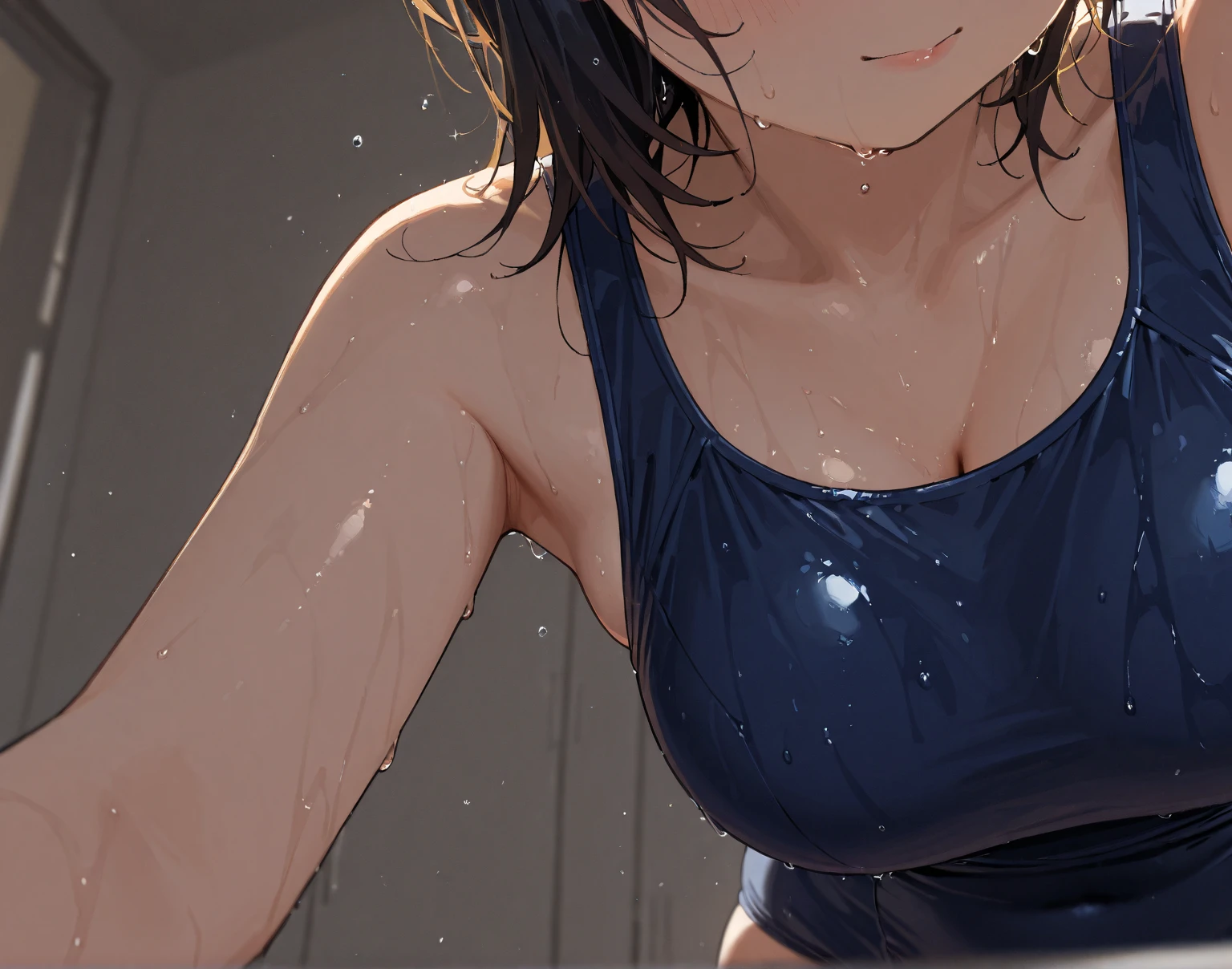 girl, sweat, steam, medium breast, shy, detailed hand, looking at viewer, light smile,