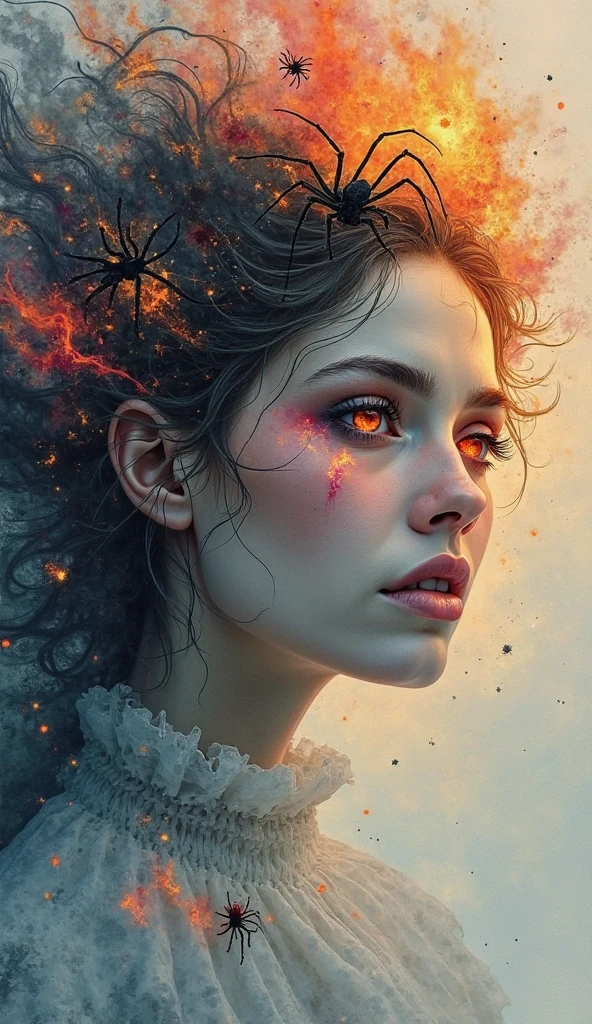 Ethereal woman in a state of nirvana, mystical aura, twilight ambiance, watercolor painting style, intricate splatter textures, misty backdrop, vibrant deep orange red, black, and pink eyes with tears, tranquil demeanor, spiritual presence, flowing hair intertwined with flames and tarantulas , subtle play of light, dreamy setting, emotionally resonant, medium-sized canvas, pastel hues, soft lighting to enhance the mystical atmosphere.
