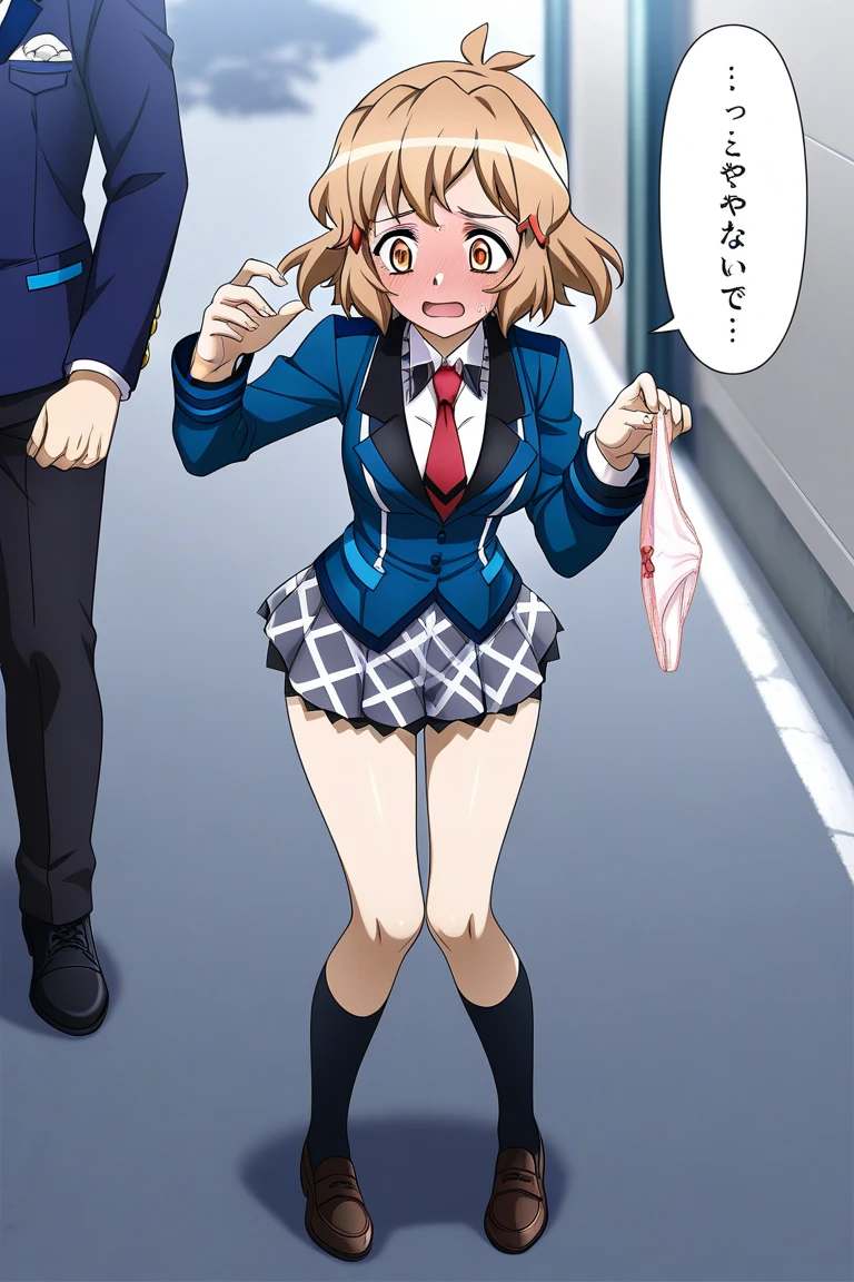 top-quality、​masterpiece、1girl in、a blond、lightsmile、looking at the viewers、城市、Random Hair Styles, cowboy  shot、(((Shirt Lifts and Bras)))、 Looking Up, View from below, (((lare breasts))), (((Panties))), (((Panties under pantyhose))), (((Blushing and crying))), (((with eyes half-closed))), (((Clenching teeth))),