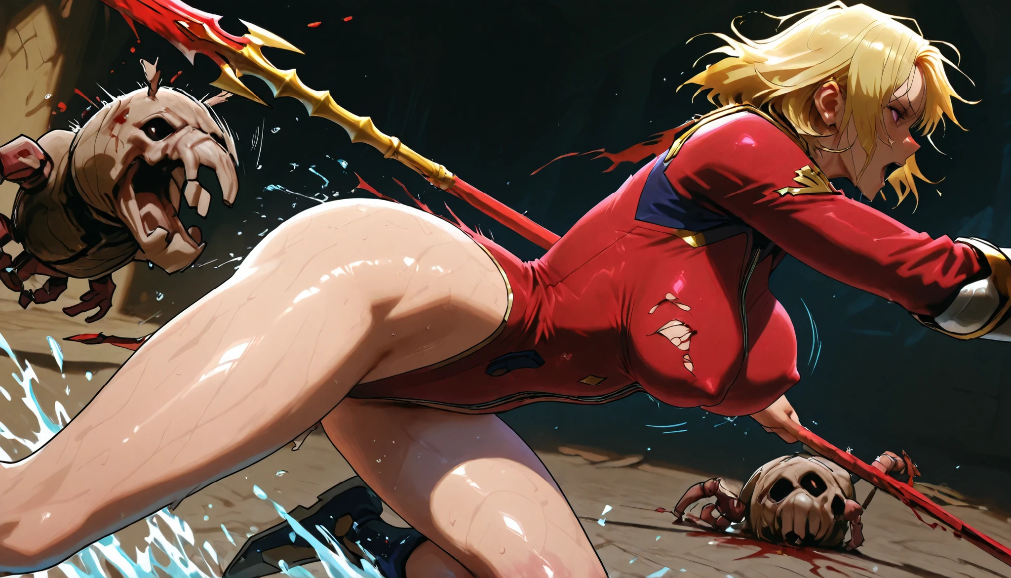 masterpiece, 8k, 1woman, blonde hair, open mouth, slender body, thin chests, bouncing breasts, large breasts, erect nipples, light amor, (gorgeous red highleg catsuit:1.3), (exposed legs), bare legs, (torn wear:1.3), (motion line), Dynamism, unrealistic beauty, (sweaty:1.3), (sweat stained), (She dances with her spear, slashed down enemy's ant soldiers one after another:1.3), battle scene, (dynamic action pose:1.2), (Blood splash effects), (splashing sweat), from side, in darkened dungeon,