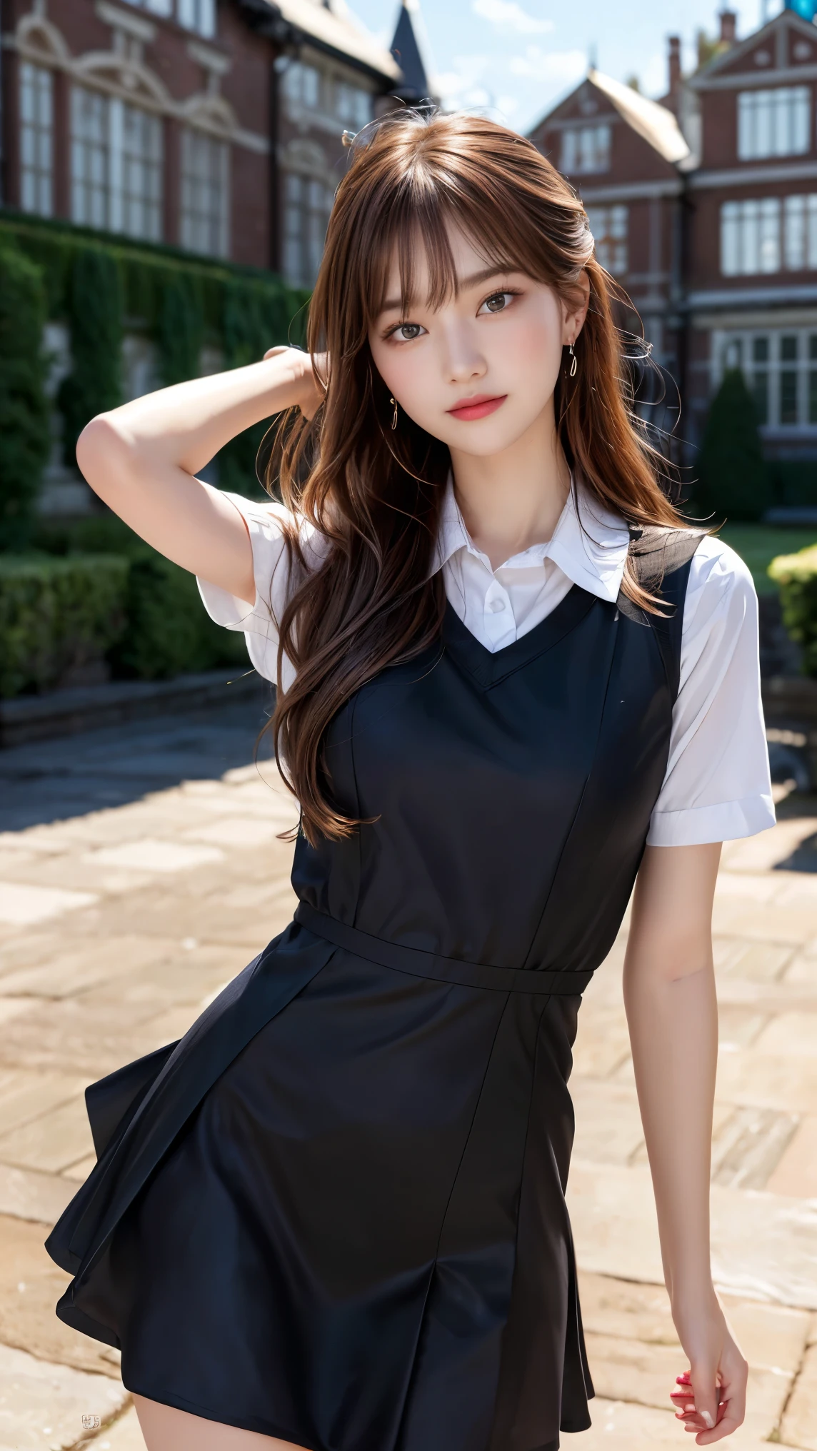 (1 Korean star with royal sister style), ((Best quality, 8K, 巨作: 1.3)), focal point: 1.2, Perfect body proportions: 1.4, (Make a smile), (Sunset: 1.3), Watery eyes, Highly Detailed Face and Skin Textur, Fine eyes, Double eyelids, Whitens the skin, (long whitr hair, Air bangs: 1.3), (Round face inches: 1.5), (Compassionate 1.4),Wear pleated skirts(Sketch 1:2,) black lence stockings(grassy fields,suns,clouds,Tano,farms,starlights,footpath)