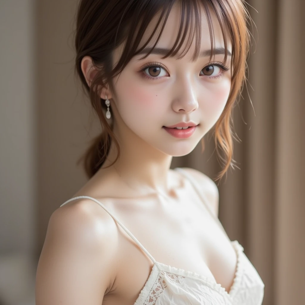Tabletop, Highest quality, shape, Very detailed, finely, High resolution, 8k wallpaper, 完璧なダイナミックな構shape, Beautiful and detailed, ランダムなcute髪,Small breasts,Natural color lip, Bold sexy pose,smile、20-year-old girl、cute、sexy shot looking at camera,Always blur the background,Perfect and beautiful face,Photograph only the face,Beautiful and elaborate face、Slim face and figure,Big eyes、Putting on gal makeup