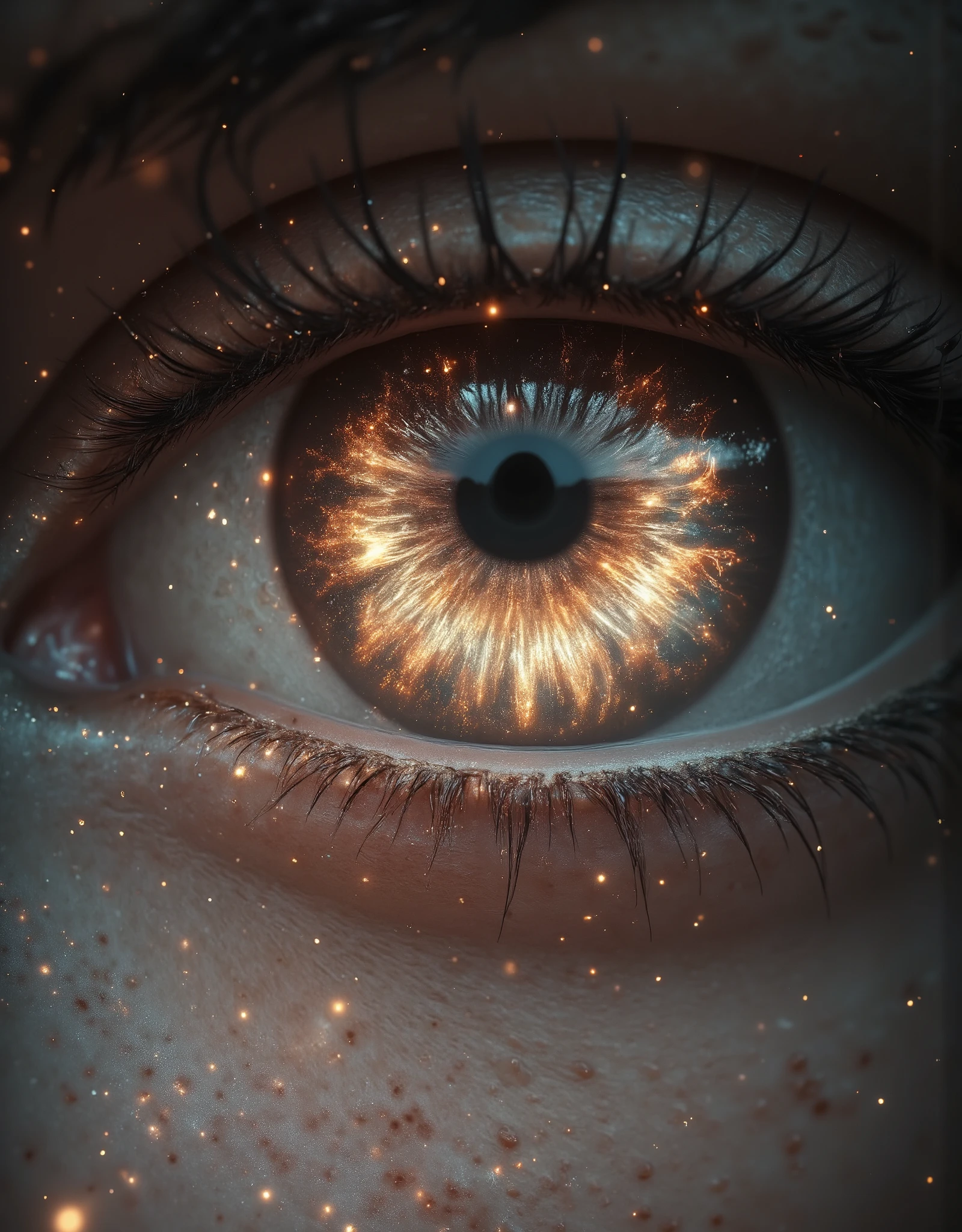  [Style: "masterpiece, realistic, (photorealistic Realism), ultra-detailed, UHD, Hyper high resolution" - "(Hyper quality, intricate ultra-detailed digital art)"] (Key Directive: - ("The priority is the anatomical accuracy and texture of the materials" - "Ultra-sharp human eyes with biological accuracy") {"Eyes: (acid-resistant terminology) (macro-details:1.5): * Moist corneal surface (visible aqueous layer:1.2) * Generates Hyper-detailed iris., eyes like ["cosmic black hole, hollow" | "iris shape"](brown with gold flecks) * Precise limbal ring (slightly darker pigmentation:1.1) * Pupil micro-texture (irregular edge authenticity:0.9) * Vasculature in sclera (subtle red veins radiating from limbus)" - "Lashes: blue individual synthetic fibers (crosshatched roots:1.2, clump-free separation)" (Post-Processing: - "Frequency separation for skin vs eye details" - "Selective sharpening: eyes200%, hair80%" - "Denoise: luminance20, color35 (retain corneal speculars)") }(Avoid: "pupil distortion, uncanny valley asymmetry, plastic-like wetness") Vivid colors, HDR effect, Professional lighting, Studio quality, Detailed texture expression, (Rendering engine: "Unreal Engine 5 path tracing, 16K texture maps") 