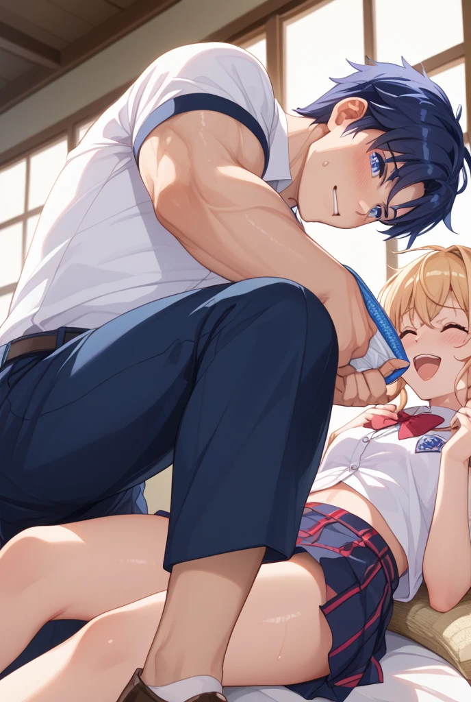 Highest quality,Highest quality,One girl,One boy,((((10 years old)))),Flat Chest,orgasm,blush, Sweat, Sakurai Momoka,Blonde,White Sarah Outfit,Navy Blue Skirt, Not a pleated skirt,whole body,classroom, Grey pantyhose、Flipping up a navy blue skirt、Spread your legs