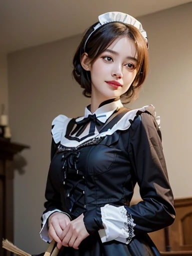 One Girl, apron, Black dress, blush, Braiding, dress, Eyebrows visible through hair, Frills, gloves, Hair between the eyes, jewelry, Juliet Sleeve, Long sleeve, Maid, Maid apron, maid's headdress, Puffy sleeves, short hair, Sitting, White apron, window, Huge 、Nogizaka Idol、Korean Idol、Burning idol pose、actress、Age 25、expensive、Cafe、restaurant, Official Art,Highly detailed CG Unity 8K wallpaper, (masterpiece:1.0),(highest quality:1.0), photo shoot, 8K, Browsing Caution, High resolution, Kodak Portrait 400, Film Grain, Lens flare brilliance,Show Viewer
