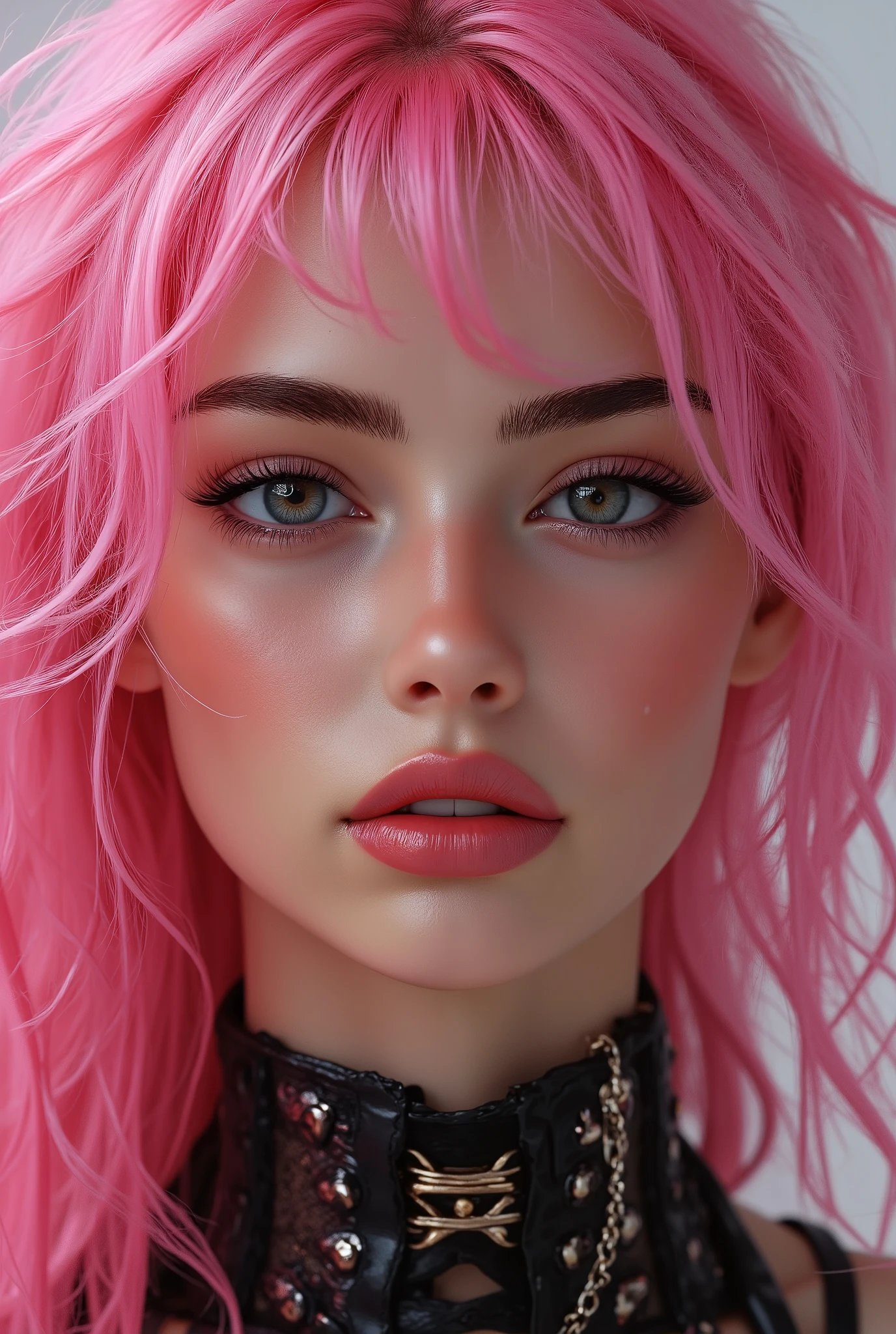  [Style: "masterpiece, realistic, (photo realistic Realism), ultra-detailed, Hyper high resolution"](Key Directive: - ("The priority is the anatomical accuracy and texture of the materials" - "Ultra-sharp human eyes with biological accuracy") , (ultra realistic texture details: velvety skin, hair), professional photography, (anatomically correct), (perfect female body:1.4), fashion model, elegant and charming, blushing, realistic details and sharp facial features and expressions, ["(Pink wavy hair ((slicked to the side:1.3)) * extremely detailed:1.3)"] (perfect natural breasts), portrait of A 1 Woman:1.4 18yo, (intricately detailed, clear and sharp perfect round realistic brown_eyes:1.35), (droopy eyes), symmetrical lips, light glossy red_lipstick, long eyelashes, (vivid and colorful), (perfect composition), wearing Luxurious, shiny latex [pleated skirt Luxury shiny skirt Latex:1.2] and details such as [lace white:1.29], [mesh stockings black:1.33] and [garters black] silver belt chain [(small tight laced corset:1.2) with gold cord: 1.25], ((Beautiful long legs:1.35)) , medium ass , (layer cut: 1.34), ((Whitens skin slim face)), slim belly: 1.2 } The attention to detail, satisfaction smile, gorgeous appearance, electrifying appearance, (Dynamic pose: 1.2), ((sharp focus)) (oiled skin), ((background psychedelic fairy tale)), (Rendering engine: "Unreal Engine 5 path tracing, 16K texture maps"), The ultra-Highres,Unreal 5,Subsurface scattering,Maximum Sharpness and Sharpness,perfectly proportions,Octane rendering, white balance, The rule of thirds,