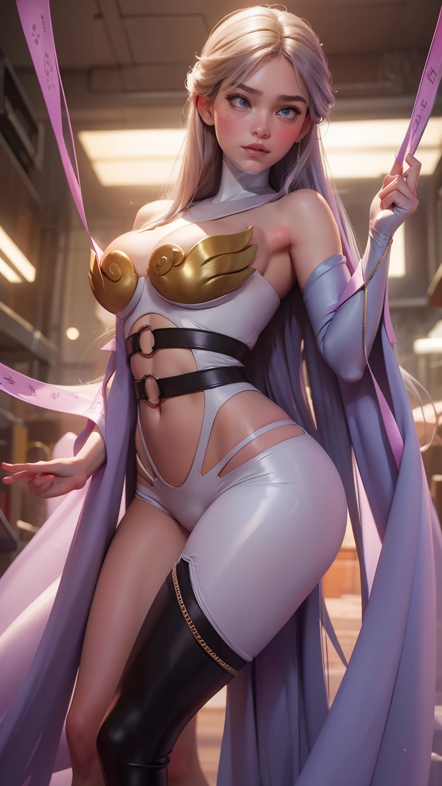 (Igbaddy), a woman, cleavage (latina:0.7), brown curly hair, bangs, cute face, curvy, ((underground basement))), (angewomon), perfect make up, eyeliner, eye shadow,