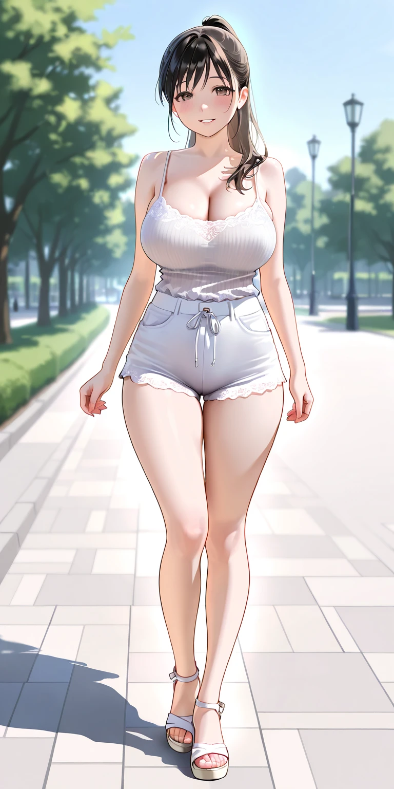 ((highres)), Masterpiece, high quality, best quality, beautiful, perfect lighting, detailed face, ultra cute face,
((1girl)), ((solo), short fluffy orange hair, green eyes, freckles, ((blush)), sweet smile, looking at viewer, arms behind back, crop top, shorts, thigh gap, thick thighs, wide hips, cleavage, (medium breasts),
20 year old female, standing in a park, (park), daytime,