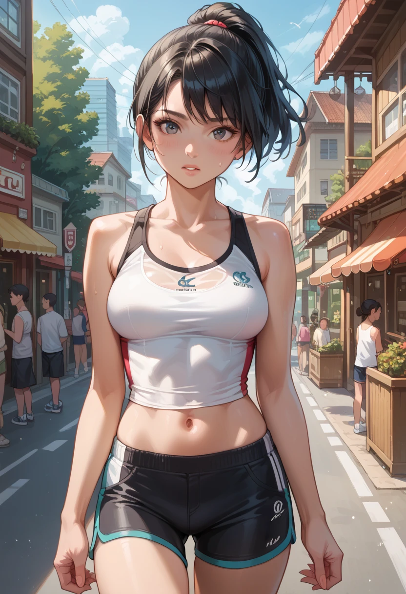 ((Flat Breast, tomboyish girls, , Small head)), night time, moonlights, (sculpted abdomen : 1.1), (perfectbody : 1.1), (short and wavy hair : 1.2) , Bblack hair, collared, full body shot shot, busy street, wearing a short, thin pink tank top, ((orange tight athletic short shorts)), (extremely detailed 8k cg wallpaper), (extremely delicate and beautiful), (work of art), (best qualityer:1.0), (ultra high resolution:1.0),  beautiful lighting ,Perfect lightning, realistic shadows, [high resolution], skin detailed, ultra detali, skin wet, wetclothes,  hair wet, new