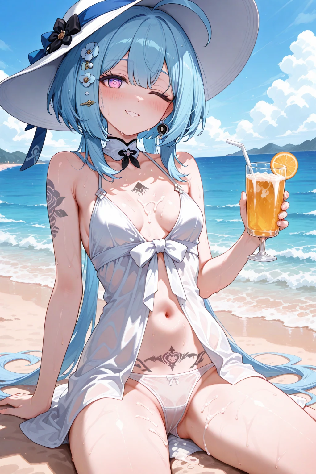 (masterpiece, best quality), lum,1 elven girl, ( bare breasts, thigh), (light blue hair, twin tails ,very long hair is fluttering in the wind), full body, hand on hip , hair between eyes, multi colored hair,hair flower ornament ,(blush, smile, aqua eyes), open mouth, holding, cleavage, swimsuit, cup, beach, holding cup, alcohol, mug, beer, gold beer, beer mug,
very long hair, twin tails ,aqua hair, multi colored hair, flower hair ornament, breasts, looking at viewer, blush, jumping , smile, aqua eyes, close mouth, bangs, beach ,seashore, palm tree, navel, cleavage, bare shoulders, large breasts , strapless swimsuit, tiger print strapless swimsuit ,full body, strapless bikini, tiger print strapless bikini , pointy ears, electricity, tiger print, strapless bikini, electrokinesis
