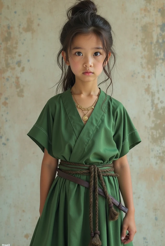 (masterpiece), best quality, expressive eyes, perfect face, fable video game, in front of a village entrance gate, 5 year old boy wearing a green tunic shirt gown with exposed legs, standing, outside, full portrait, wearing fancy gold jewelry