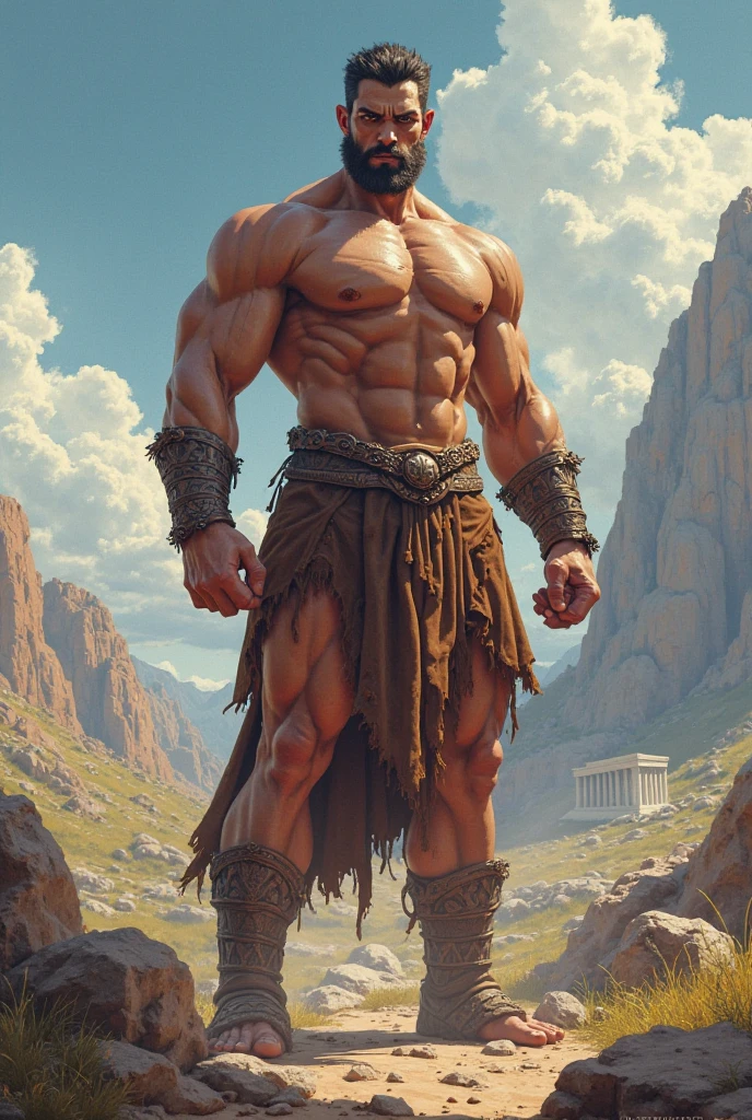 Herculean gladiator, bare chest, lower body revealed from thighs to feet, long curls cascading, meticulous muscle definition, photorealistic portrayal, 4K quality. Background: Colosseum in ancient Rome,32k uhd, best quality, masterpiece, super detail, high details