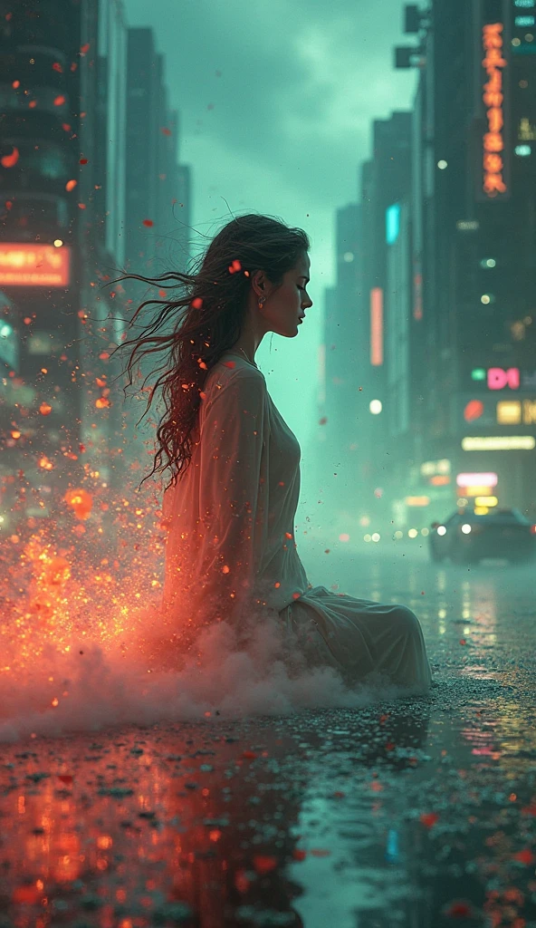 Ethereal woman in a state of nirvana, mystical aura, dim atmosphere, watercolor painting style, intricate splash textures, misty background, vibrant deep orange-red, black and pink with teardrops, calm demeanor, spiritual presence, flowing hair shot through with flames and subtle play of light, dreamy setting, emotional resonance, medium-sized canvas, pastel tones, soft lighting to enhance the mystical atmosphere. Light sand is blowing across the ground. Storm clouds are in the sky and light flashes of lightning can be seen. The mirror-smooth surface glistens in the neon-drenched atmosphere. Skyscrapers loom on both sides of the road, their reflective facades reflecting the bright colors of the red and green neon lights dancing across the ground. In this cinematic shot, the camera captures a stunning side view of the car, its tires squealing slightly as it turns, bathed in a kaleidoscope of colors that jump out of the frame. This UHD 4K masterpiece is bursting with ultra-realistic detail, with highly saturated hues that render every component with astonishing clarity. Wide-angle shots, ultra-HD digital art, dynamic perspective, detailed reflections and ultra-realistic textures.
