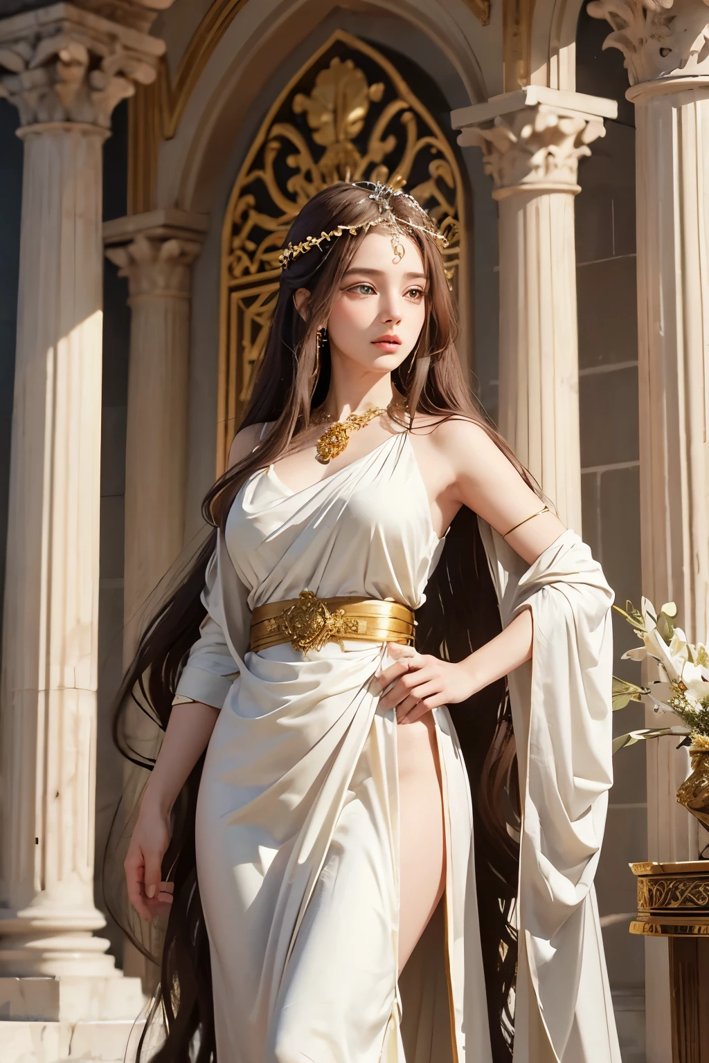 (masterpiece), (best quality), photorealism, realistic, ultra detailed, perfect face, perfect body, 1girl, beautiful girl, Greek goddess, Greek clothes,peplos, stand, cool pose, sexy, view from below, standing in the middle of the street, busy street, ancient greece