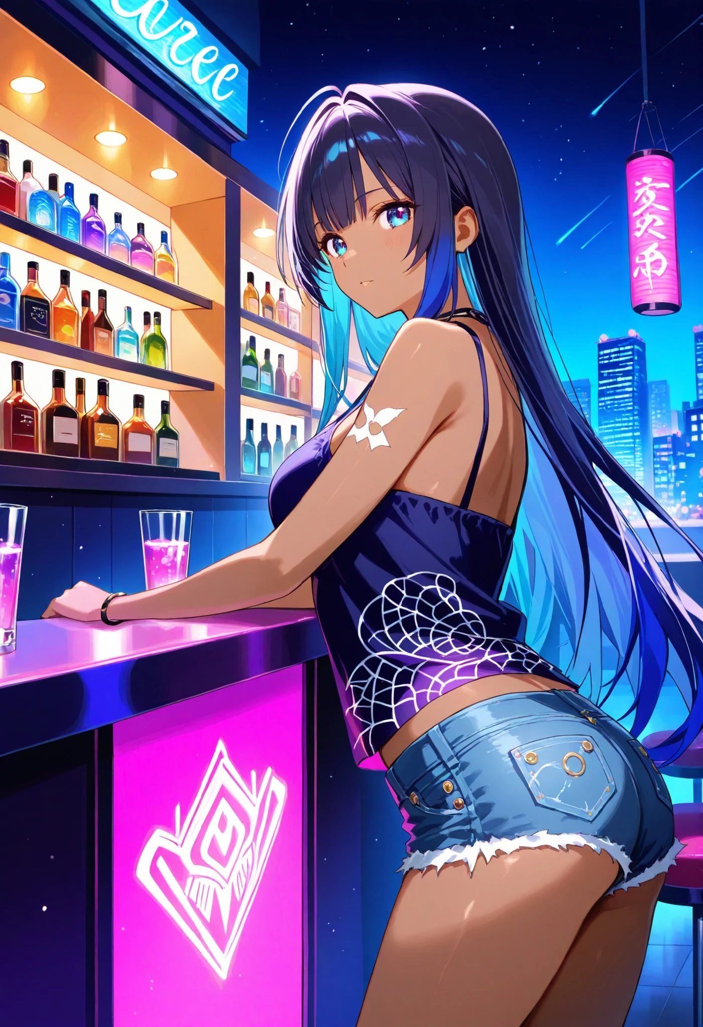 ((masutepiece)), Best Quality, absurderes, ultra-detailliert, Holographic, Cowboy Shot, Golden ratio, Super cute girl, Mature girl, Idol girl, Super beautiful asian girl with very beautiful purple glowing eyes, Beautiful shiny brown multicolored hair, High Ponytail, Nice and sexy body, Slim body, Perfect body, Wearing a super tight anime print leotard, Anime Print Super Tight Off Shoulder Long Sleeve Crop Top, Super aesthetic transparent mini jacket, beautiful hair decoration, Pink Jordan Tennis, Being filmed in a mall shop with her handsome skinny boyfriend, With black messy black shiny hair, And ultra-casual clothes