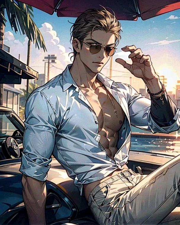 a stocky chubby masculine man in transparent wet yellow thong leaning on a car with sunglasses on, shirtless, care chest,  topless, looking hot, in the sun,in cloudy weather, (Masterpiece, Best Quality: 1.2), Solo, Male Focus, 1 Boy, looking to his left , brown Hair, Brown Eyes, (Abs, Bulging Underwear, Erection), ((Mokkori: 1.4)), ((Very thick chest plate)), (Thin underwear, wet, beautiful nipple slip: 1.4)), Glossy skin, (sweaty skin))), (POV, view from below: 1.2), coconut trees and dark black gradient sky and stormy clouds, Futa outline Bulge in pants), hot look, sexy look, thicc thick thighs, detailed and fine high quality illustration picture, depth of field, sharpness, shadow, (high resolution,overwhelmingly pixel-perfect,luxurious illustration), (Ultra Quality, Masterpiece, Ethereal:1.4)
