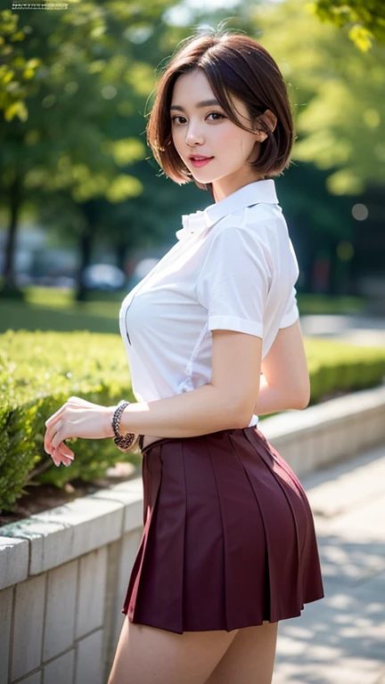 nsfw, 8K raw photo, Best quality, masterpiece, ultra high res, film grain, filmg, 1girl, looking at viewer, natural skin texture, realistic eye and face details, full lips, lipstick, (makeup), red eyeshadow, fluffy short hair, messy hair, smile, close mouth, beautiful legs, tall female, skinny, slim_legs, solo, enormous breast, cleavage, Pose with buttocks facing you, ultra short skirt, ass, shirt, beautiful nature location, around flower location, (detailed background), plaid skirt, white shirt, enormous breast, cleavage, Show a little cleavage through the shirt, loafers, blurry background, blurry, holding, plaid, short sleeves, jk ribbon on the neck, jk ribbon, brown hair, bracelet, water, bangs, school uniform, jewelry, parted lips, lips, from side, pleated skirt, depth of field