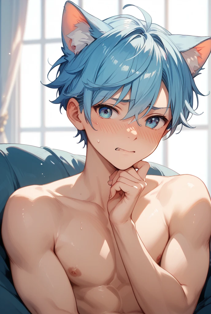 1young boy, cat ears, blue hair, yellow eyes, shirtless, pants on, POV sitting above another boy, looking at viewer, shy, blushing, flower on hair, cat ears grab, (sweating, very sweaty, glistening skin, oily skin), showing tummy