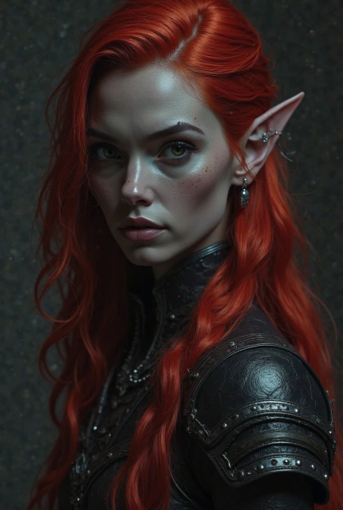 (full torso), Mature gothic elf queen, strong woman,She has a pale complexion, contrasted by dark lipstick and eyeliner. Her eyes are a piercing blue, with a hint of madness. Her nose is small and cute, but her mouth is wide and full of sharp teeth. Her ears are long and pointed, adorned with rings and studs. Her hair is a fiery red, styled in undercut, (photorealistic:1.5), perfect lighting, perfect shading, volumetric lighting, subsurface scattering, intricate, detailed, (beautiful, stunning, gorgeous, seductive, sexy), eye shadow, gorgeous eyes, perfect body, dynamic pose,