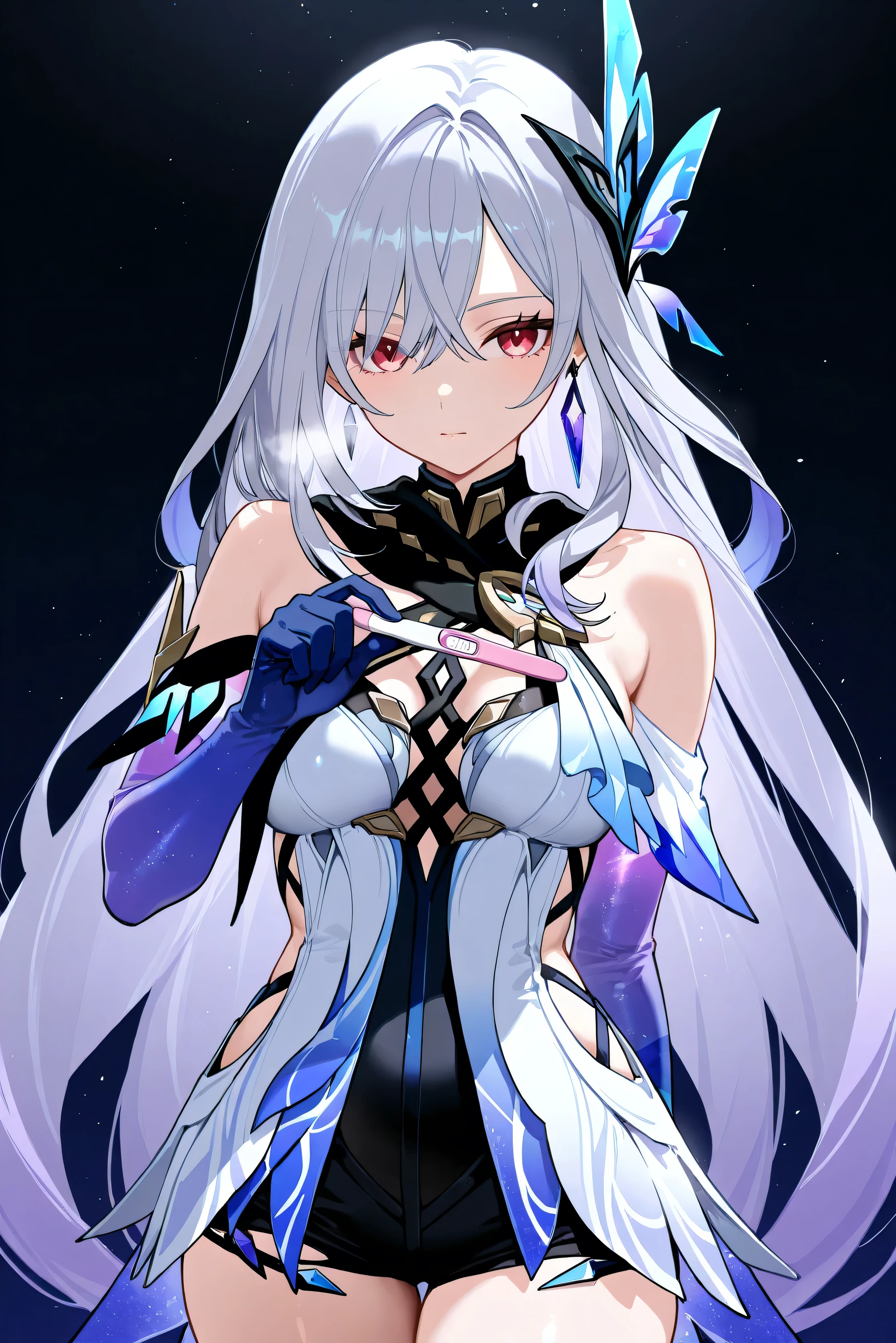 score_9, score_8_up, score_7_up, masterpiece, best quality, very aesthetic, absurdres, tunning image, light particles, attractive image, solo, 1girl, adult grown woman, skirk \(genshin impact\), heavy breathing, masterpiece,best quality,amazing quality, 5 fingers, sunshine, clear face, simple background, clean black background, masterpiece, super detail, epic composition, ultra HD, high quality, extremely detailed, official art, uniform 8k wallpaper, super detail, 32k, skirk, 1girl, long hair, gloves, breasts, jewelry, bangs, dress, bare shoulders, elbow gloves, looking at viewer, blue gloves, closed mouth, hair ornament, earrings, very long hair, medium breasts, cowboy shot, grey hair, hair between eyes, red eyes, black shorts, pregnancy test, looking at viewer, implied pregnancy, holding,
