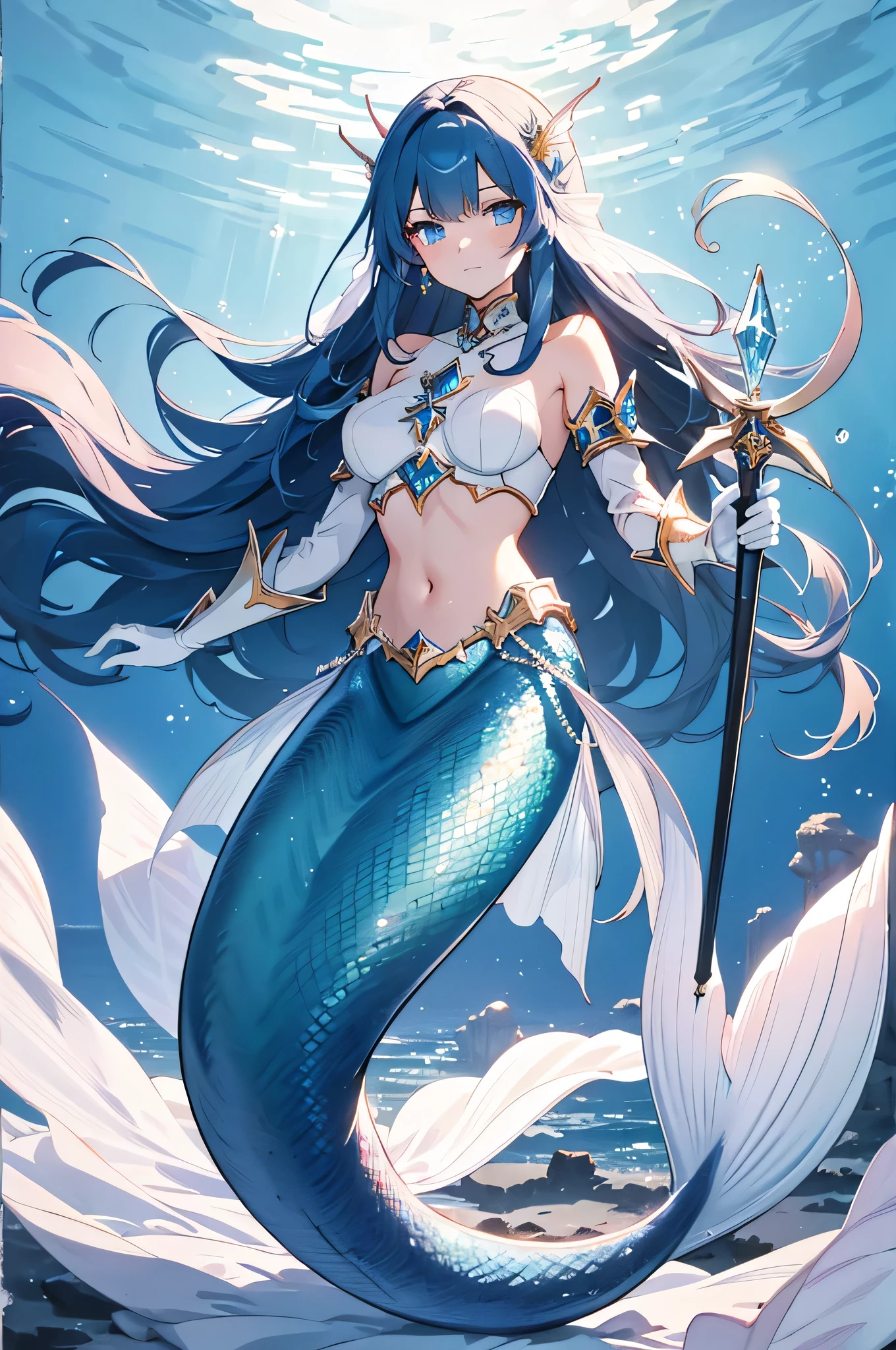 ((Best quality, 8k, Masterpiece: 1.3)), Slim abdomen, dark blue hair, hair behind ear, long hair, big hair, wet hair, star hair ornament, upturned eyes, pointy ears, light smile, ((mermaid)), sitting on the reef, beautiful face, best quality, shiny skin, detailed skin, ((detailed face, detailed eyes))