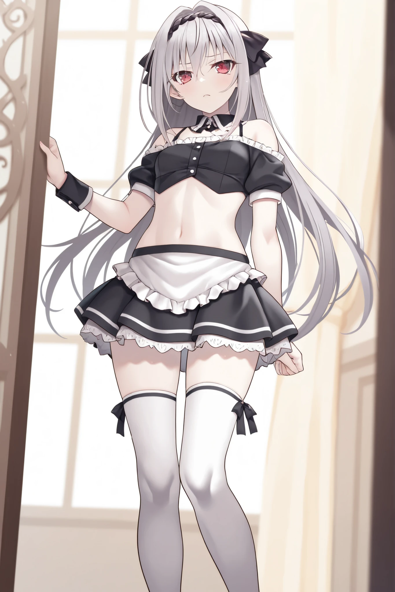 ((best quality)), ((masterpiece)), (detailed), 1girl, off-shoulder sweater, submissive maid, lifting her skirt with her hands to show her panties, very embarrassed face, long skirt, white panties