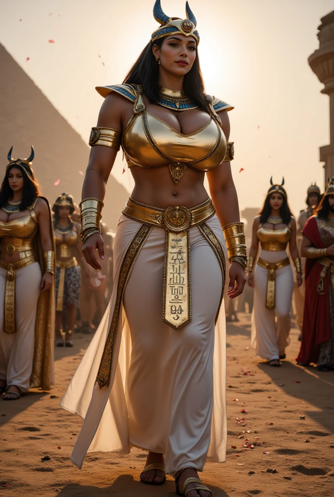Wide angle shot: Cleopatra in armor, a fierce and powerful leader, stands in the midst of the battlefield, commanding her troops with determination. Egyptian and Roman soldiers clash, creating a visually stunning and epic scene. Super epic and legendary confrontation unfolds.