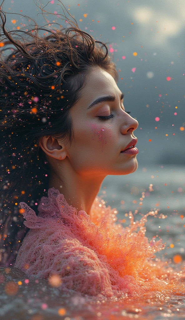 An ethereal woman in a state of nirvana, mystical aura, dim atmosphere, watercolor painting style, intricate splash textures, misty background, vibrant deep orange-red, black, and pink with tears, calm demeanor, spiritual presence, flowing hair suffused with flames and subtle play of light, dreamy setting, emotional resonance, medium-sized canvas, pastel tones, soft lighting to enhance the mystical atmosphere. Light sand blows across the ground. Storm clouds have gathered in the sky, and light flashes of lightning can be seen. The mirror-like surface glitters in the neon-drenched atmosphere. In the beach setting, the camera captures a stunning side view immersed in a kaleidoscope of colors that leap from the frame. This UHD 4K masterpiece is bursting with ultra-realistic details and highly saturated hues that render every component with astonishing clarity. Wide-angle shots, Ultra HD digital art, dynamic perspective, detailed reflections, and ultra-realistic textures