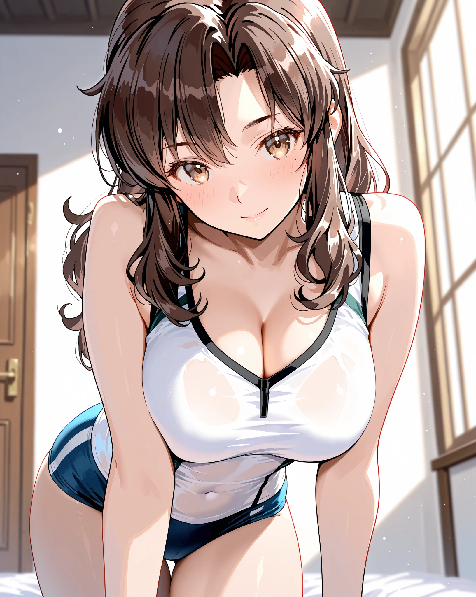 (best quality, masterpiece:1.2), absurdres absolutely resolution, highres, 1 woman, BREAK, (panties aside, sex from behind with 1 boy), brown eyes, normal size breasts, BREAK, 1girl, breasts, solo, cleavage, looking at viewer, normal breasts, smile, crop top, earrings, parted lips, midriff, jewelry, lips, navel, tank top, white tank top, bare shoulders, sitting, bangs, leaning forward, collarbone, arm up, pussy, nsfw:1.5, spread legs, spread pussy, peeing