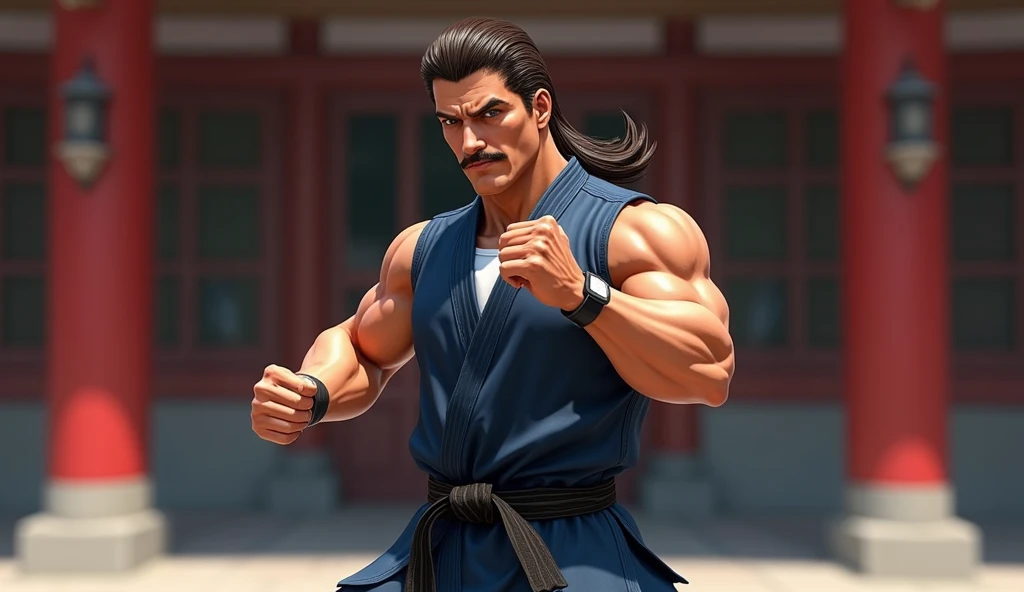 Tough Super Saiyan muscle in Mortal Kombat 3d model, cinematic lighting, rendering, red eyes, long hair, no shirt with chains on his torso and wrists, orange martial arts pants along with a blue belt