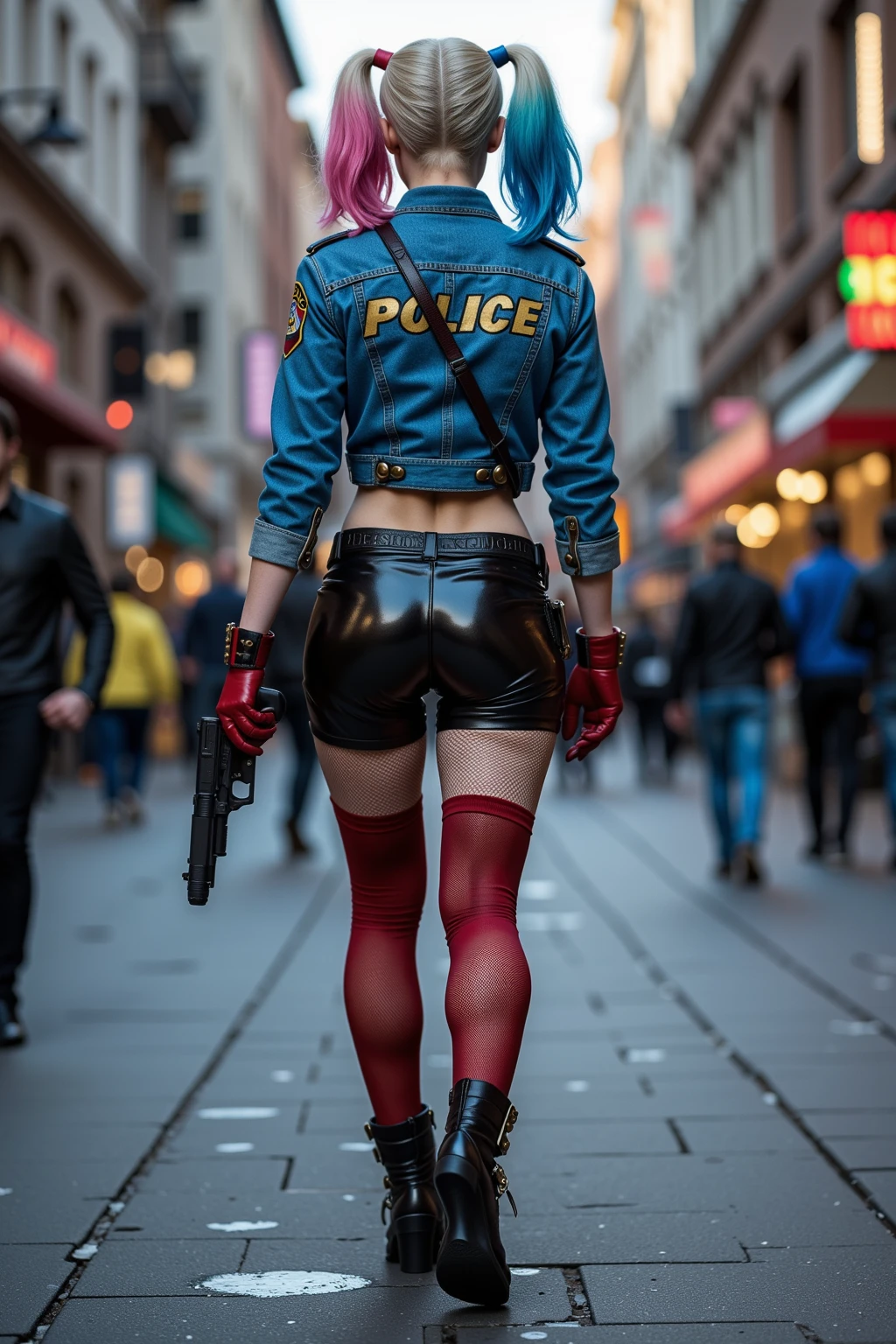 Woman, Reality, (Berets), (Headphones), (High-Fork Tights, Police Uniform, Police Logo) (Pantyhose), (Lips slightly open, light smile), (Shiny skin: 1.1), Blush, (Looking at the audience), (Bodybuilding), (Full Body), Masterpiece, Highest Quality, High Resolution, Absurd, Realistic