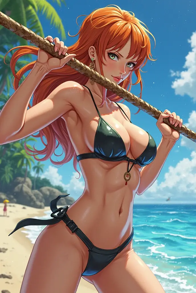 orange hair, fold, braid, long hair, orange eyes, 1girl,swimsuit, jacket, red_jacket, breasts, bikini, navel, ass_visible_through_thighs, looking_at_viewer, o-ring, sky, choker, thigh_gap, outdoors, solo, cloud, day, collarbone, multi-strapped_bikini, black_bikini, bare_shoulders, open_jacket, open_clothes, off_shoulder, cowboy_shot, black_choker, blue_sky, ocean, cleavage, skindentation, lips, medium_breasts, water, stomach, beach, track_jacket, steaming face, steaming,