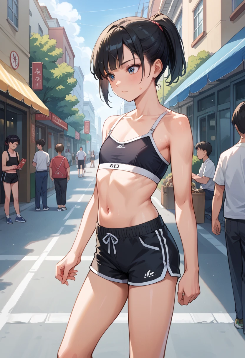 best quality, full body, full art, sexy, small round boobs, thicc thighs, raccoon ears, Deep vee, sport shorts, sport bra, perfect proportions,