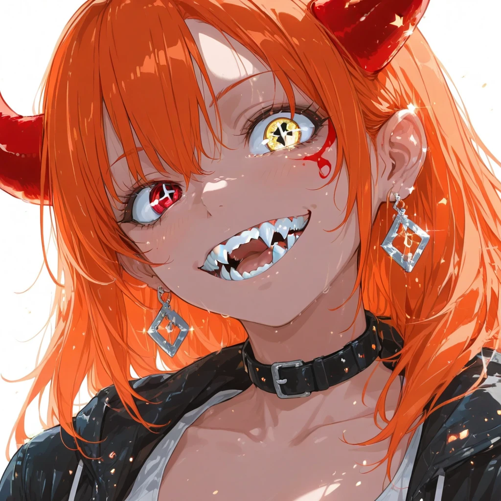 1girl, ultra high res, large chest, cleavage, shirt, jacket, long hair, sharp teeth