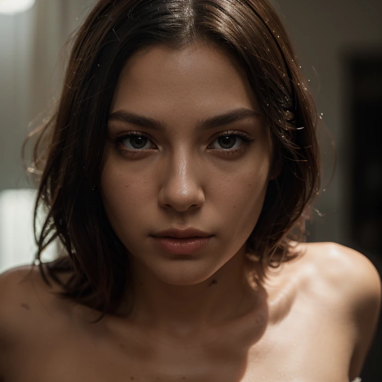 (editorial photograph of a 20 year old goddess), (highly detailed face:1.4) (smile:0.7) (background inside dark, moody, private study:1.3), dark background, by lee jeffries, nikon d850, film stock photography, 4 kodak portra 400 ,camera f1.6 lens, rich colors, hyper realistic, lifelike texture, dramatic lighting, cinestill 800, messy hair, serious, (freckles:].4), pale skin, cute sexy, naked, medium breasts. [8K, Best Quality, Masterpiece, Ultra High Resolution, (highly detailed CG unity 8k wallpaper), (best photo), (best shadows), isometric 3D, octane rendering, ray tracing, highly detailed, (wide panoramic view: 1.1), (Best quality, 4K, 8k, A high resolution, masterpiece:1.2), absurdity, masterpiece, ultra detailed, (realistic, photorealistic, photorealistic:1.37), complex parts, HDR, (complex parts:1.12), (hyper detailed, hyper realistic, Soft lighting, spicy:1.2), (complex parts, Hyper detailed:1.15). Blurred foreground. (backlit), realistic, masterpiece, high quality, brightness, chromatic aberration, by Jeremy Lipking, 8k uhd, some smoke, shadows, contrast, clear sky, (warm hue, warm tone), high details, natural reflections].