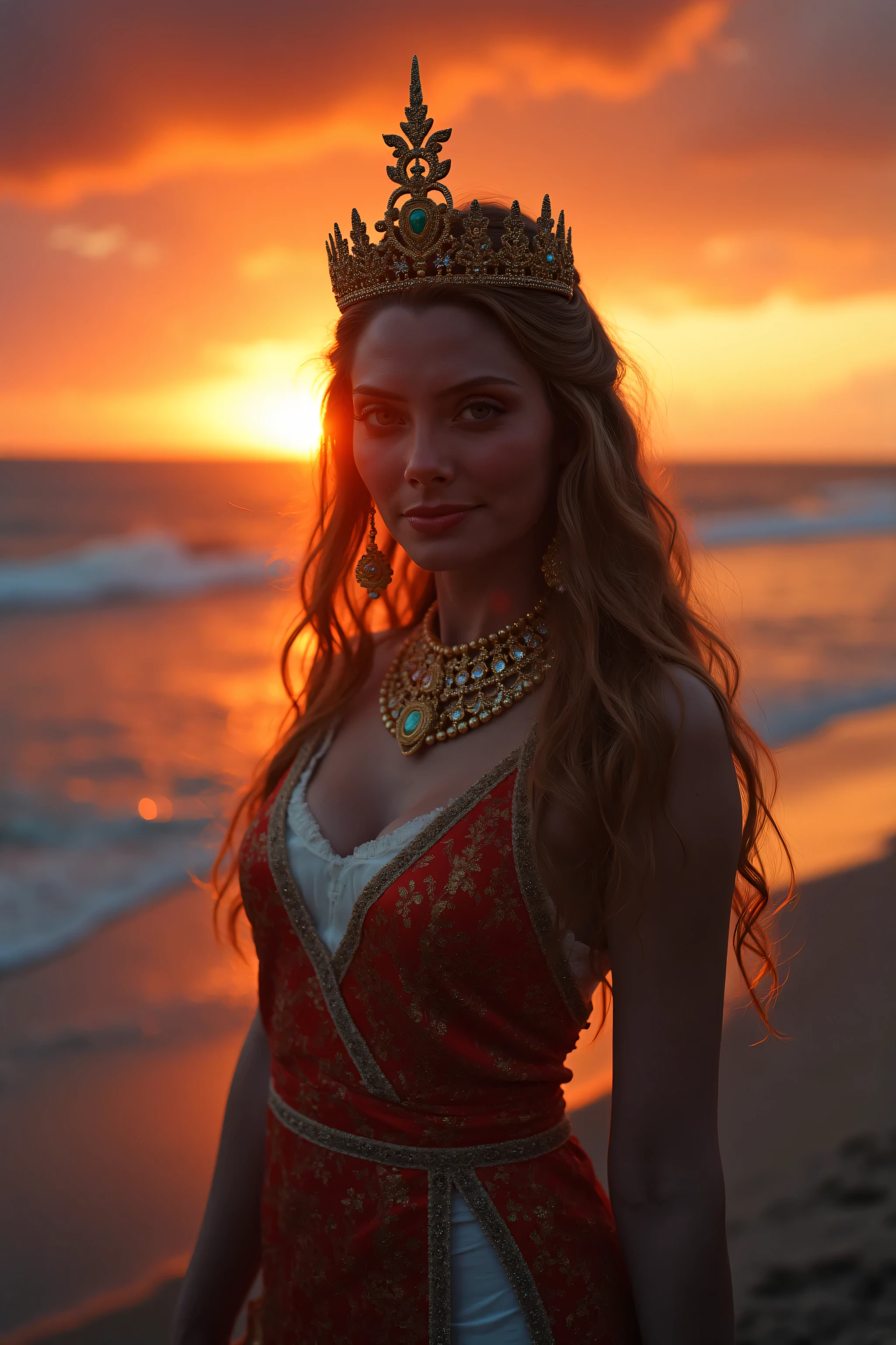 high quality, 8K Ultra HD, sunset coast should serve as the underlying backdrop, with its details incorporated into the goddess , crisp lines, looking at the camera. The background is monochrome, sharp focus,,awesome full color,